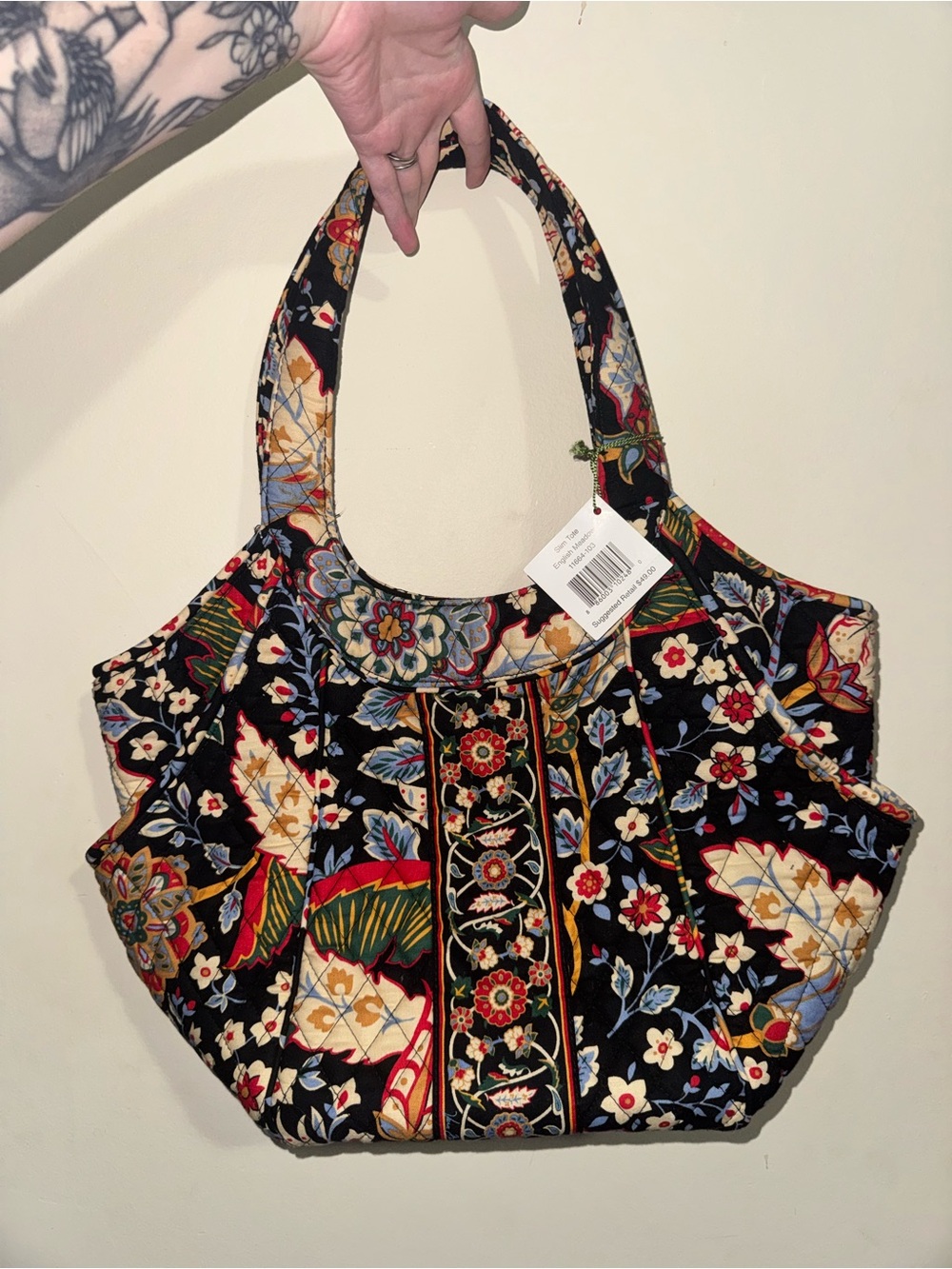 Vera Bradley Black Floral Quilted Tote Bag English Meadows Pattern
